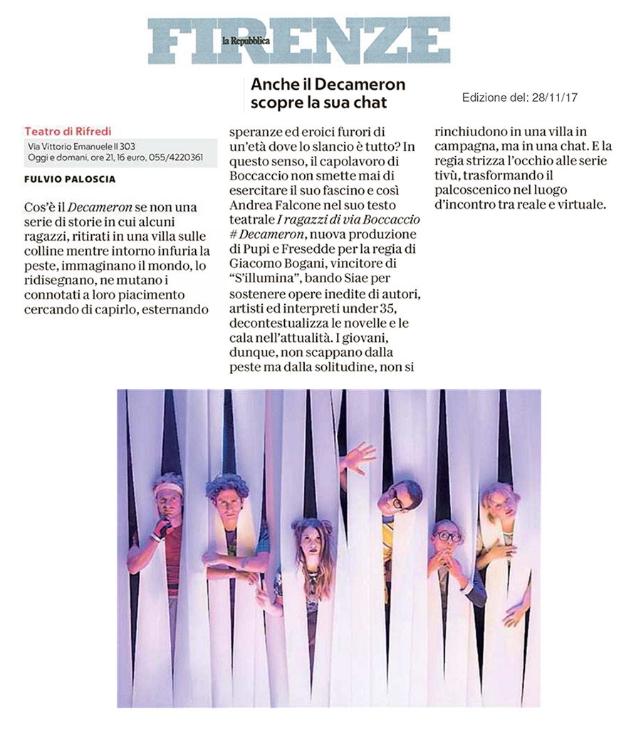 I RAGAZZI DI VIA BOCCACCIO #Decameron
ne scrive <a href="/FulvioPaloscia/">Fulvio Paloscia</a> su <a href="/rep_firenze/">Repubblica Firenze</a>
martedì 28 novembre SOLD OUT!
mercoledì 29 novembre pochi posti disponibili.. affrettatevi!
info e biglietti>>
teatrodirifredi.it/it/stagione/sp…
#stagione1718 #forzateatro #sillumina #siae #nuovaproduzione