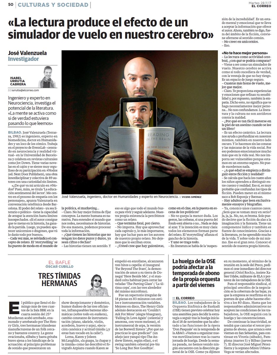 Hoy en <a href="/elcorreo_com/">El Correo</a> encontraréis la entrevista que la gran <a href="/IsabelVUrrutia/">Isabel Urrutia Cabrera</a> me hizo sobre literatura, ficción y mente humana. ¡Muy contento con el resultado! (Y divertidísima foto de Vicenç Giménez)