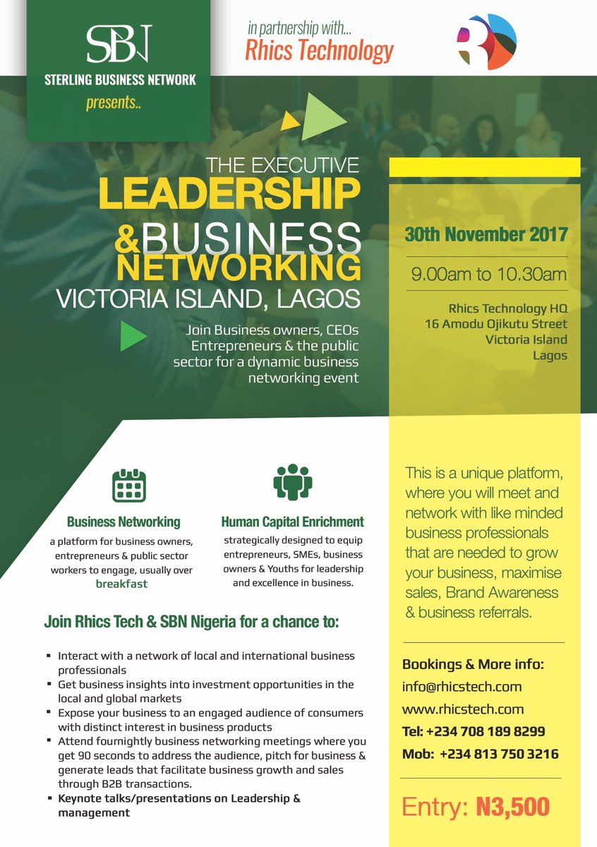 SBNWorldwide's tweet photo. Hello #Lagos, we are partnering with @RhicsTech for a scintillating #business networking session. Guest speaker: AVM Femi Gbadebo @fg_talks.. join us!! https://t.co/o5hxnKSIYD