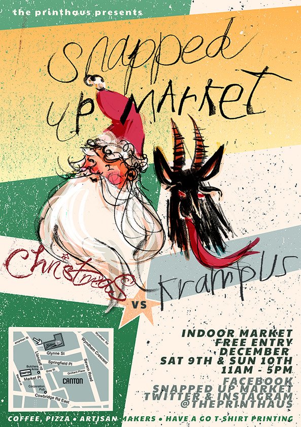 Hooray it's almost time #SnappedUpMarket at my home-from-home @ThePrintHaus 🎄 with resident artists, local makers, have-a-go screenprinting, wood-fired pizza &amp; artisan coffee. are you #teamchristmas or #teamkrampus ??