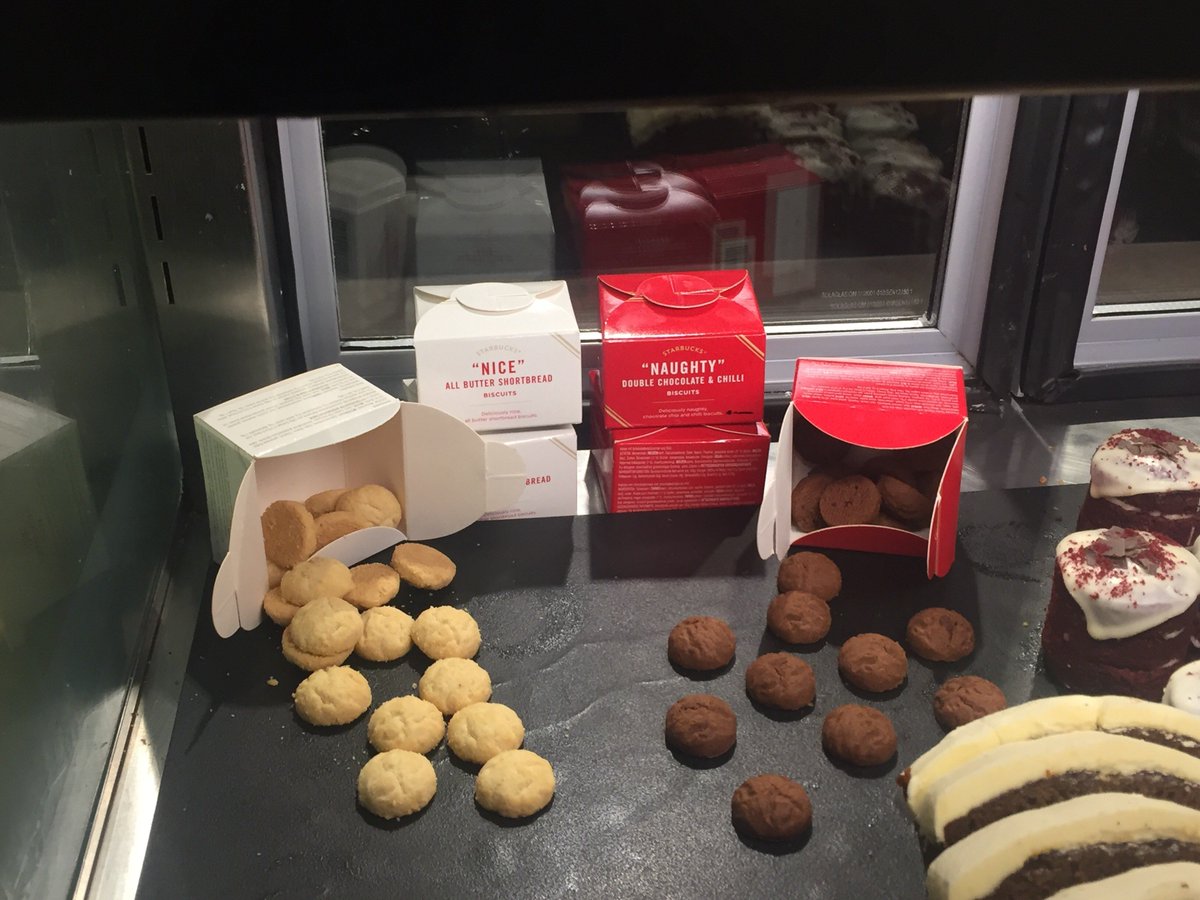 Starbucks_ICC's tweet photo. Try our festive shortbread in store today or get them as a gift for a loved one. Perfect for a secret Santa Gift. Will you be naughty or nice #naughty #nice #chillichocolate #shortbread @ICC_Birmingham https://t.co/wxmt9irzTe