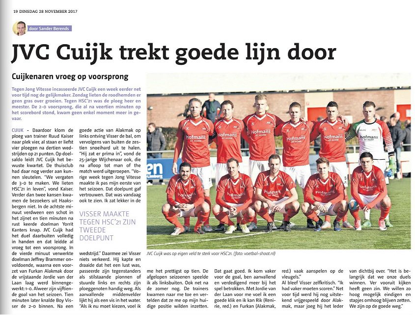 <a href="/jvc_cuijk/">JVC Cuijk</a> trekt goede lijn door tegen <a href="/HSC21/">HSC '21</a>. Mijn verslag is vandaag te lezen in het @cuijksweekblad. Met reacties trainer Ruud Kaiser en Man of the Match Boy Visser.