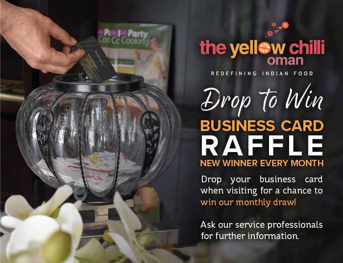 yellowchilliom's tweet photo. Get a chance to WIN a 4-course meal with The Yellow Chilli Oman's Biz Card Raffle. It could be you! https://t.co/qe2r64Nb6v #Muscat #Oman https://t.co/B4oeF6KiQ2