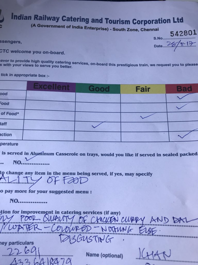 Rajdhani exp 22691 PNR 4336418479. served ice cold cutlets wd stale french fries fr bfst. Lunch ws watery curry n more watery daal. Amit saxena PCM gave us feedbk form instead of complaint book <a href="/PiyushGoyal/">Piyush Goyal</a> <a href="/PiyushGoyalOffc/">Piyush Goyal Office</a> <a href="/RailMinIndia/">Ministry of Railways</a> <a href="/SCRailwayIndia/">South Central Railway</a>