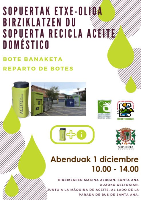 enkarterrialde's tweet photo. #Recicla #aceite #doméstico 1 de diciembre en #Sopuerta
#Sopuertak #etxe #olioa #Birziklatzen du abenduak 1 https://t.co/lRZlj2JhnV
