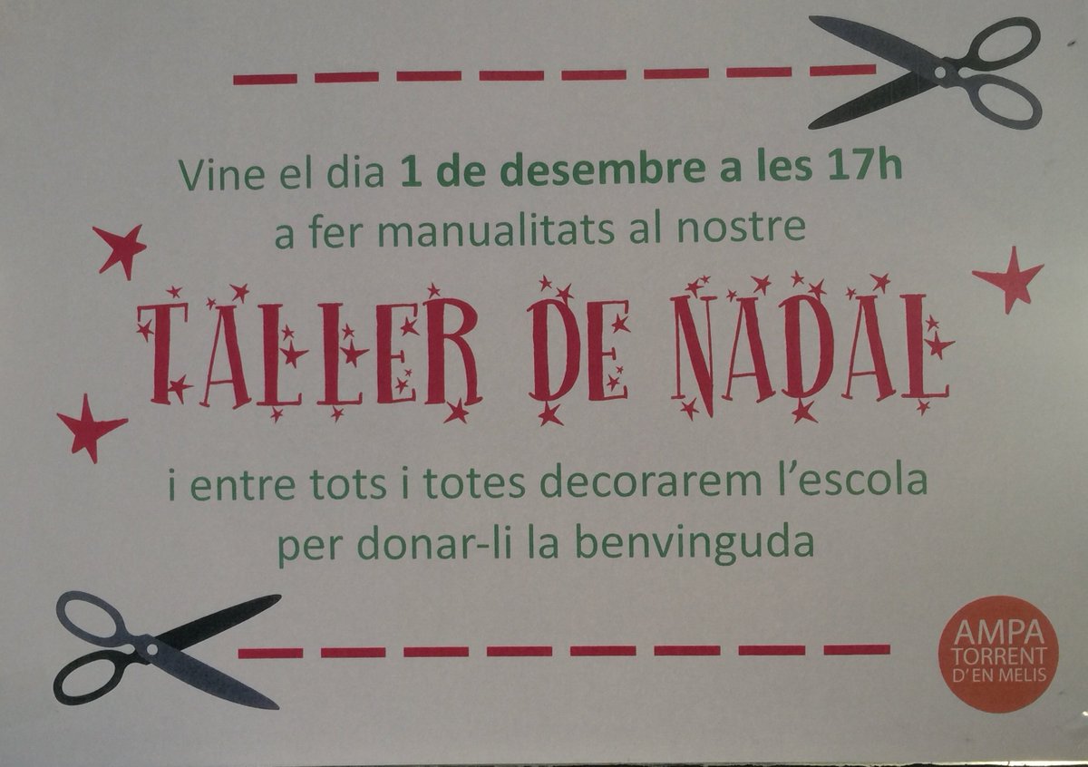 TorrentMelis's tweet photo. Vine el dia 1 de desembre a les 17h a fer manualitats al nostre #tallerdenadal! #decoremlescola 🎄💫⛄️🎁 https://t.co/zw0ekVzscZ