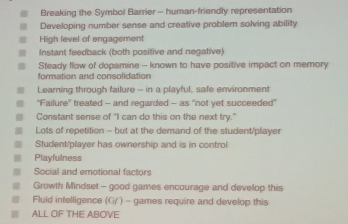 lindamannila's tweet photo. What's going on? Some thoughts on why games result in notable learning gains. @profkeithdevlin #mec2017 https://t.co/WfVE43ynrP