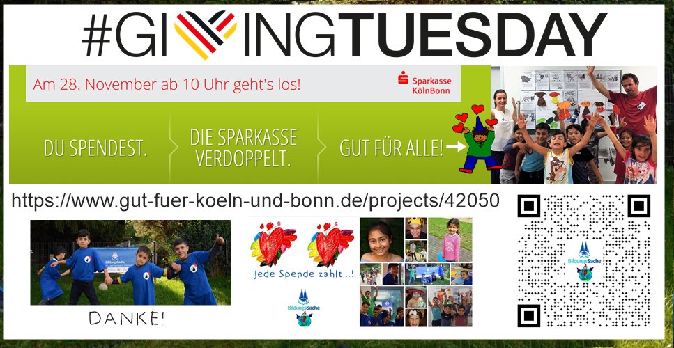 #givingtuesday 💖#Verdopplungsaktion +++Heute pünktlich um 10h +++ über folgenden Link: gut-fuer-koeln-und-bonn.de/projects/42050 für unser Sprachförder-Projekt spenden -dann verdoppelt die #Sparkasse den Spenden-Betrag - Eine tolle Aktion von  @Sparkasse_KBN &amp; <a href="/betterplace_cgn/">betterplace.org Köln</a>