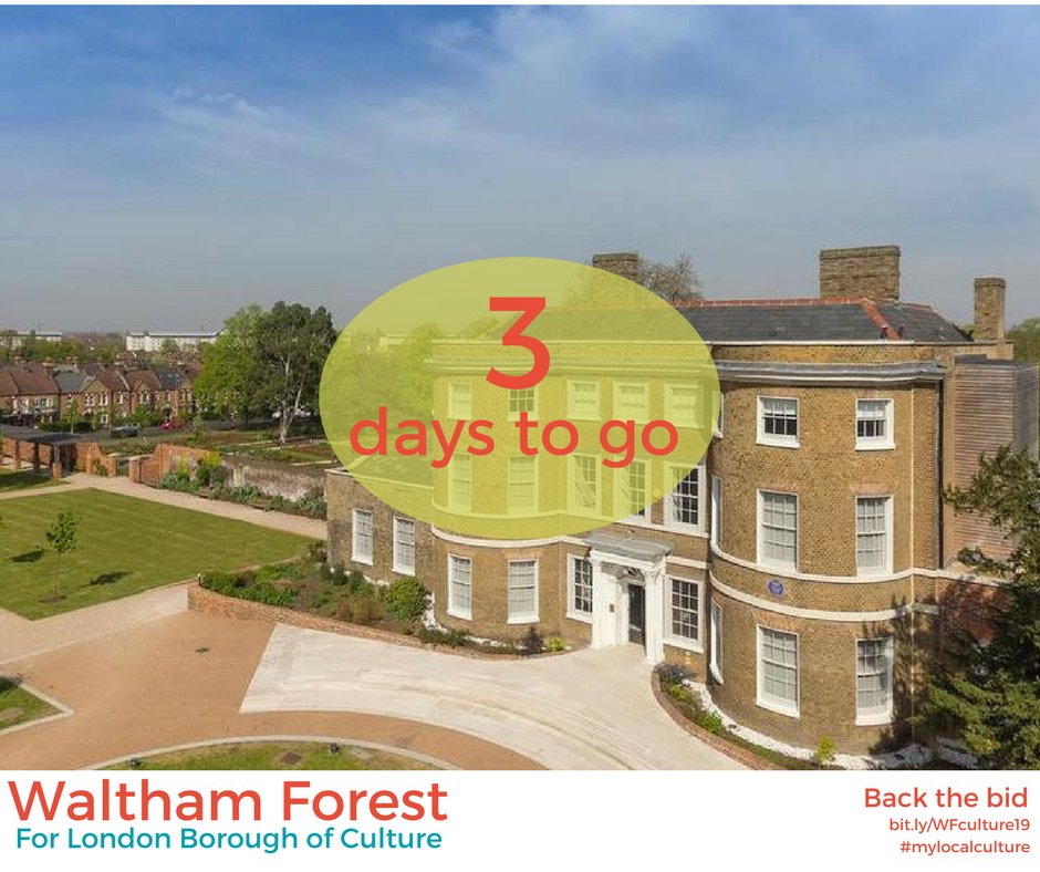 LBWFculture's tweet photo. Just three days until we hand in our bid to be first London Borough of Culture! Make sure you:

1. Pledge online https://t.co/zjuo5Ruqb3
2. Vote in the ITV Poll https://t.co/O3ZzIAU5k9
3. Share your fave thing about #WalthamForest with #mylocalculture &amp; #wfculture19 https://t.co/bVzC26ue3O