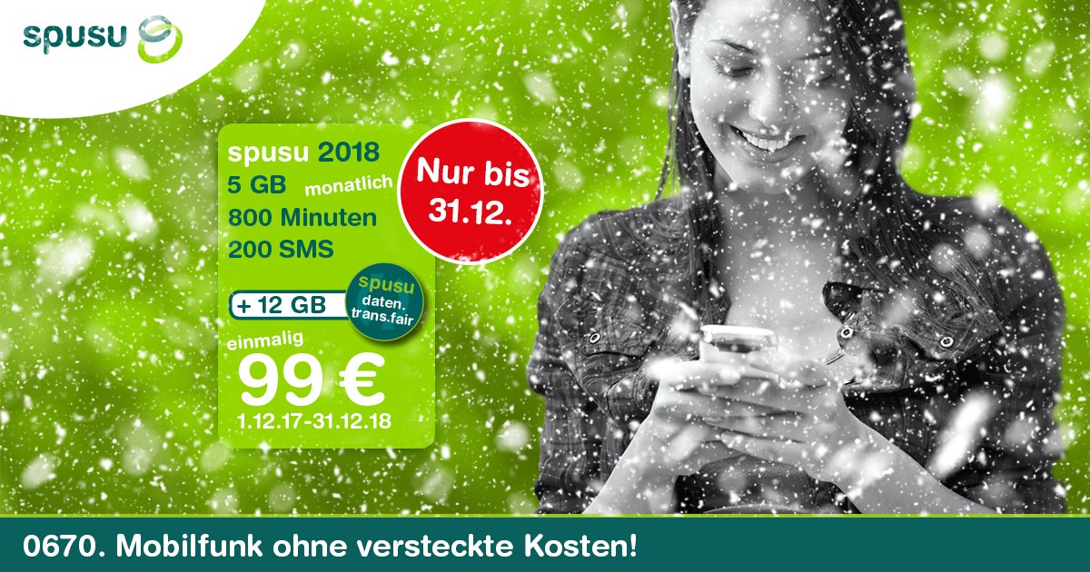 #spusu wünscht jetzt schon frohe #Weihnachten! Ab sofort bis 31.12.2018 stehen mit dem spusu 2018 monatlich 5 Gigabyte, 800 Minuten und 200 SMS für einmalige € 99 zur Verfügung. Ganz ohne Risiko und Zusatzkosten. #einfach.#menschlich.#fair.
