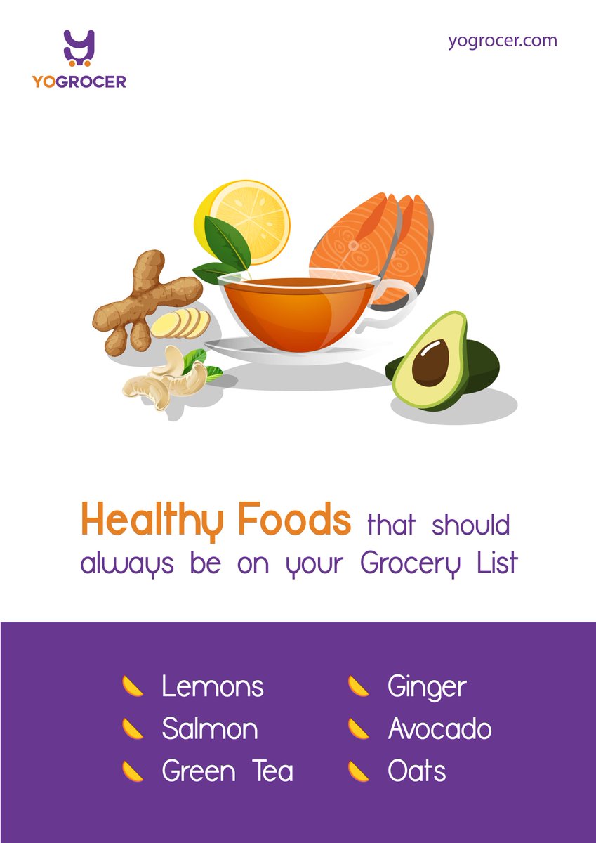 YoGrocer's tweet photo. Healthy Foods That Should Always Be On Your Grocery List.
1. Ginger
2. Avocado
3. Oats
4. Lemons
5. Salmon
6. Green Tea

Shop now with YoGrocer App: https://t.co/8J5W9ntpOz https://t.co/Q8JfPtw2bf