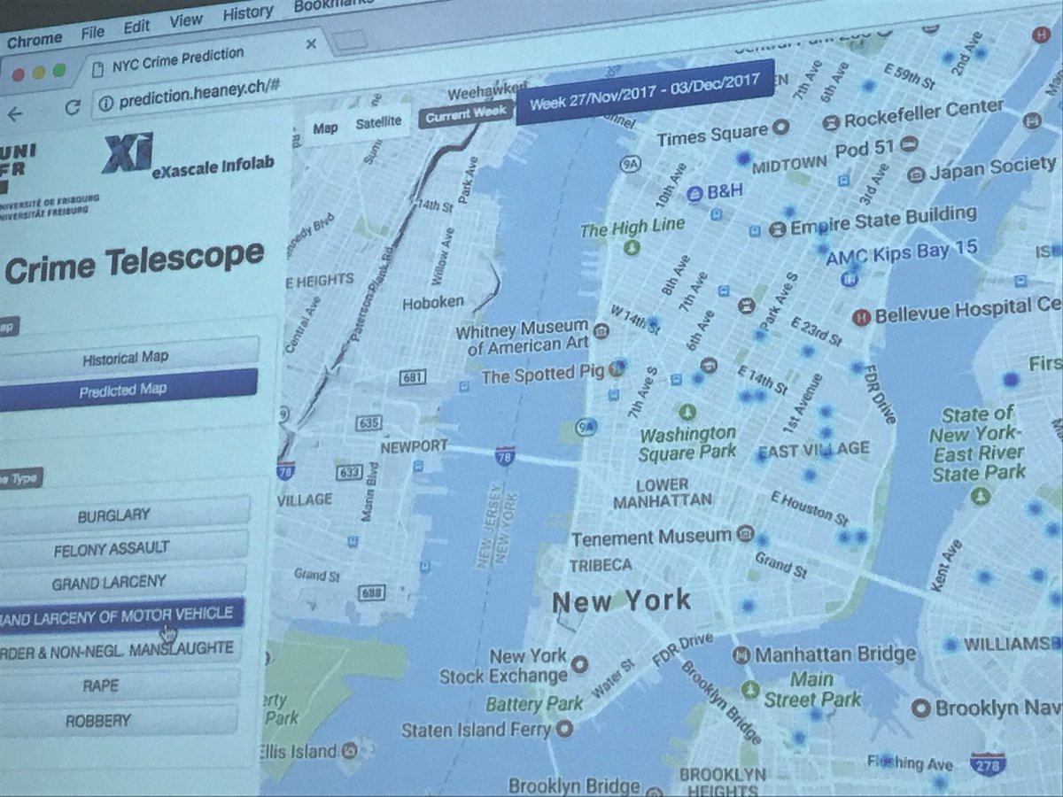SwissDataForum's tweet image. Le Prof. Dr. Ph. Cudré-Mauroux nous explique comment les données peuvent être utilisées pour prédire les probabilités de crimes dans une ville. En combinant les données passées et les donnée des réseaux sociaux. #swissdataforum