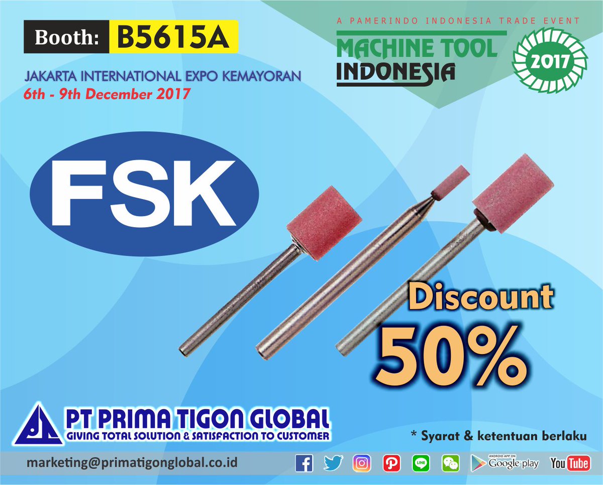 primatgnglobal's tweet photo. Promo Pre-Sale Machine Tool Indonesia 2017, 6-9 Desember 2017 at JIExpo Kemayoran, Jakarta.
#primatigonglobal #fsk #abrasive #mountedpoints #grindingwheels #cuttingtools #machinetoolindonesia2017 https://t.co/Omm2zrMrsd