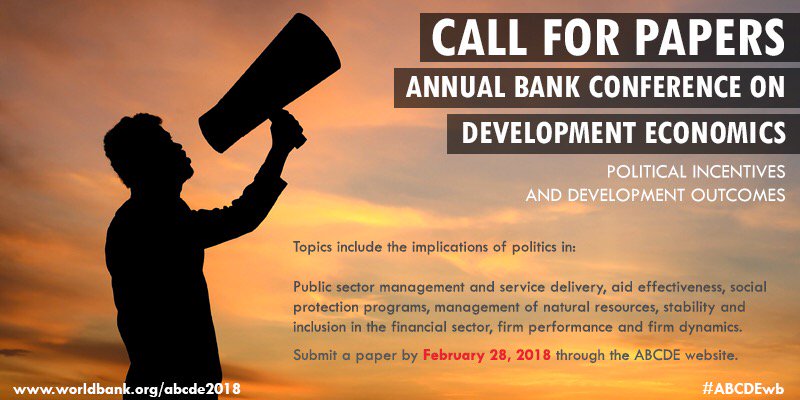 SUBMIT YOUR PAPERS: Annual Bank Conference on #Development #Economics 2018. Deadline Feb. 28, 2018 #ABCDEwb. wrld.bg/Iuux30gP9cD