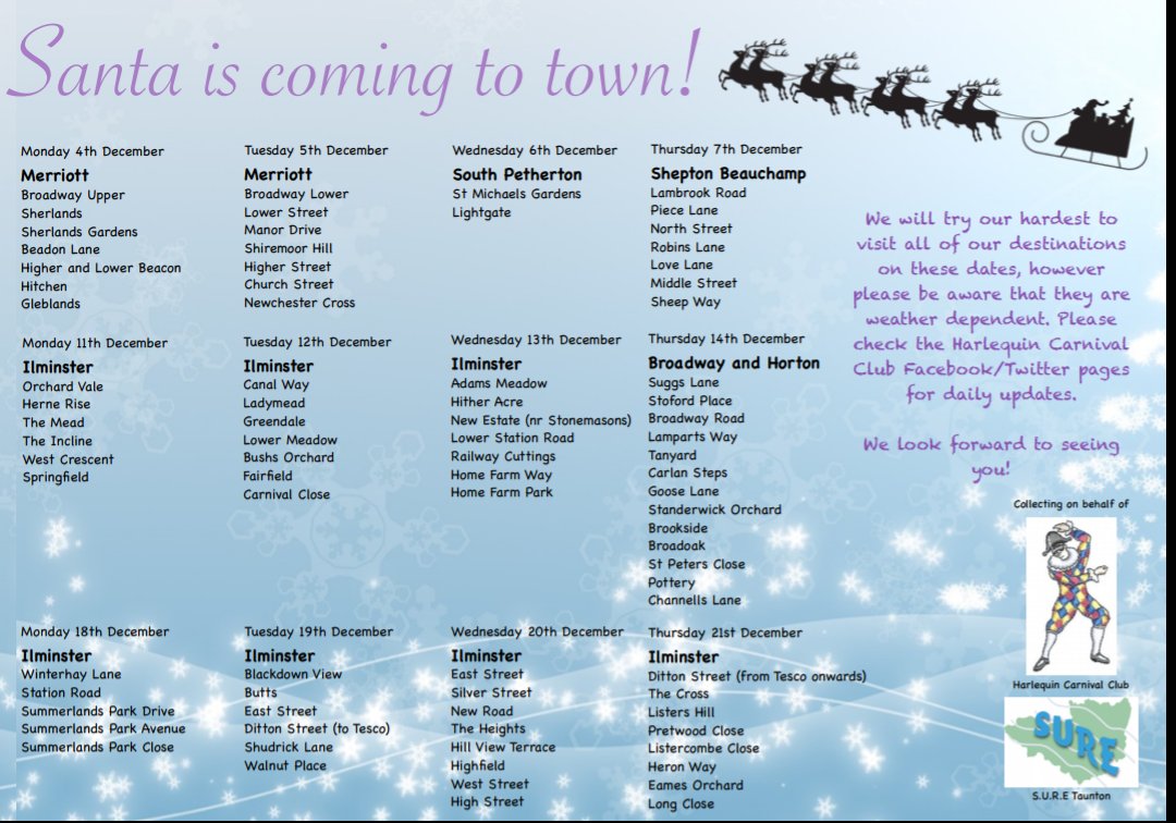 HarlequinCC1972's tweet photo. Starting next week, Santa will be doing his rounds! 

Thank you to elf @raachelcox once again for the poster!

Here are the places we have asked him to go through each day!

Don't forget to say hello! 🎅🏻 #hohoho https://t.co/8ZxfFJvX7g