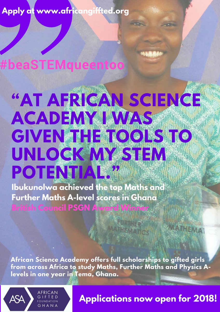 AfricanGifted's tweet photo. Applications for our 2018 intake are now open! Last year, our Head Girl achieved the top Maths and Further Maths A-level scores in Ghana! Here's the form to apply to #beaSTEMqueentoo: https://t.co/AUtx4Sx9qa Please retweet to help us in our search for #stemqueens! #maths #science https://t.co/WmzmtTUWuv
