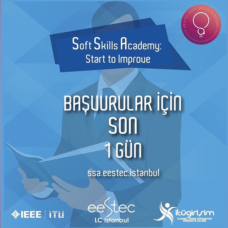 Soft Skills Academy'e başvurup sınırlı sayıdaki katılımcılarımızdan biri olmak için son gün BUGÜN!
23.59'a kadar sitemizdeki formu doldurarak kayıt olabilirsiniz.
⬇️⬇️⬇️⬇️⬇️
ssa.eestec.istanbul