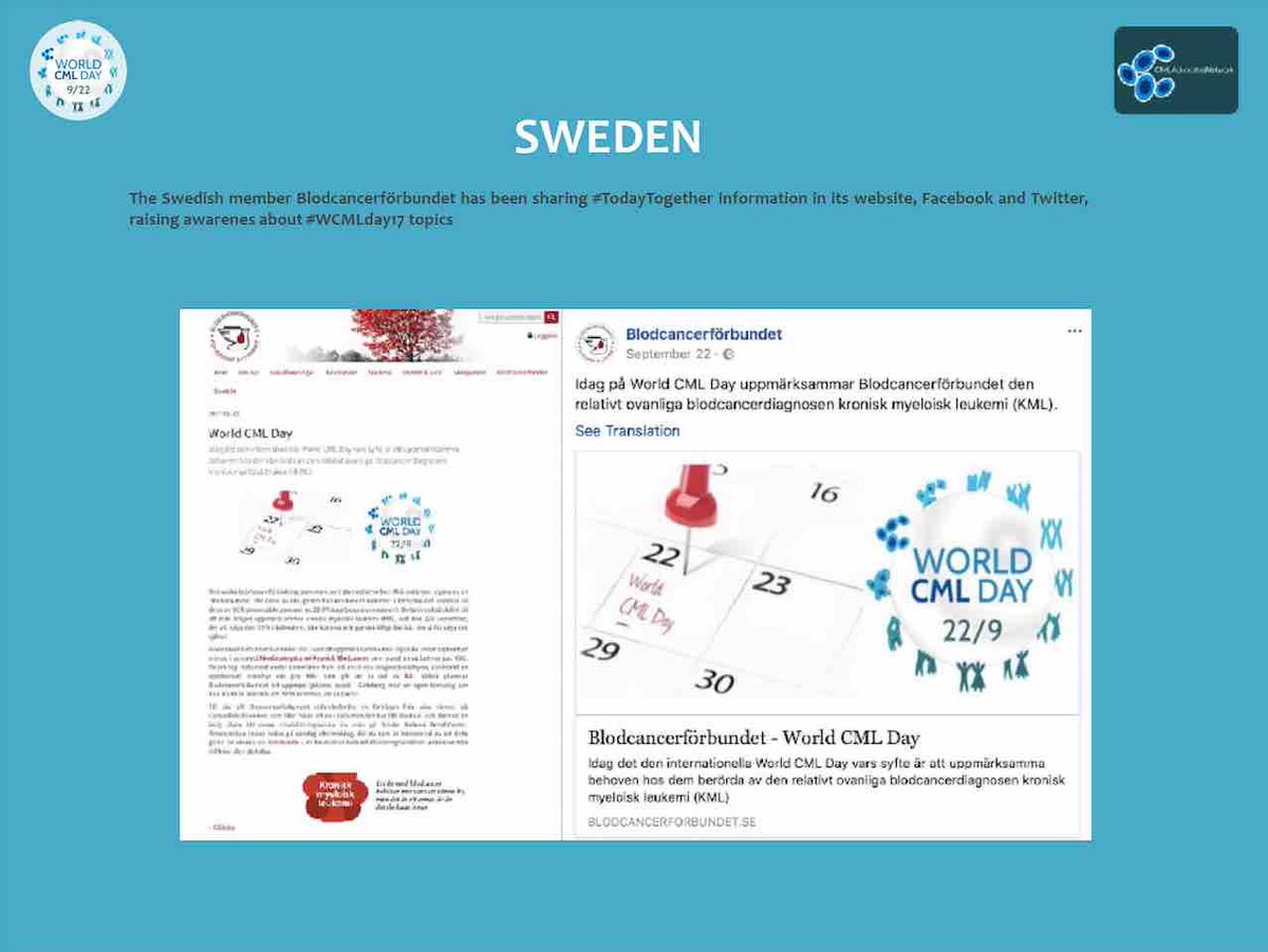 cmlnet's tweet photo. #Sweden: Blodcancerförbundet @BCF_1982 participating in #WCMLDay17 #TodayTogether on 9/22. Congratulations! Check all activities and download report here: https://t.co/ubuoQCPJuI #CML #patient #advocacy #awareness https://t.co/OXVDpDZAkf