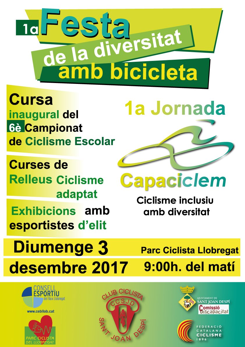 cocarmi's tweet photo. 3 de desembre, 1a Jornada #Capaciclem #Capaciclem2017  de @CC_SJD amb cursa d’inauguració del 6è Cursa Escolar, exhibicions, espai de Test #ParaCycling, cursa de relleus... #CiclismeAdaptat #CiclismeInclusiu #DisCapacitat #JornadaInclusiva https://t.co/K88MUFvogD