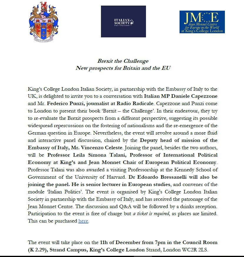 KCL_Italian_Soc's tweet photo. #Dec11 @7pm at @KingsCollegeLon Strand Campus #Brexit the Challenge and panel debate on future of #Europe. Get your tickets at https://t.co/sWoGveTKPJ https://t.co/lW8YQNJZUl