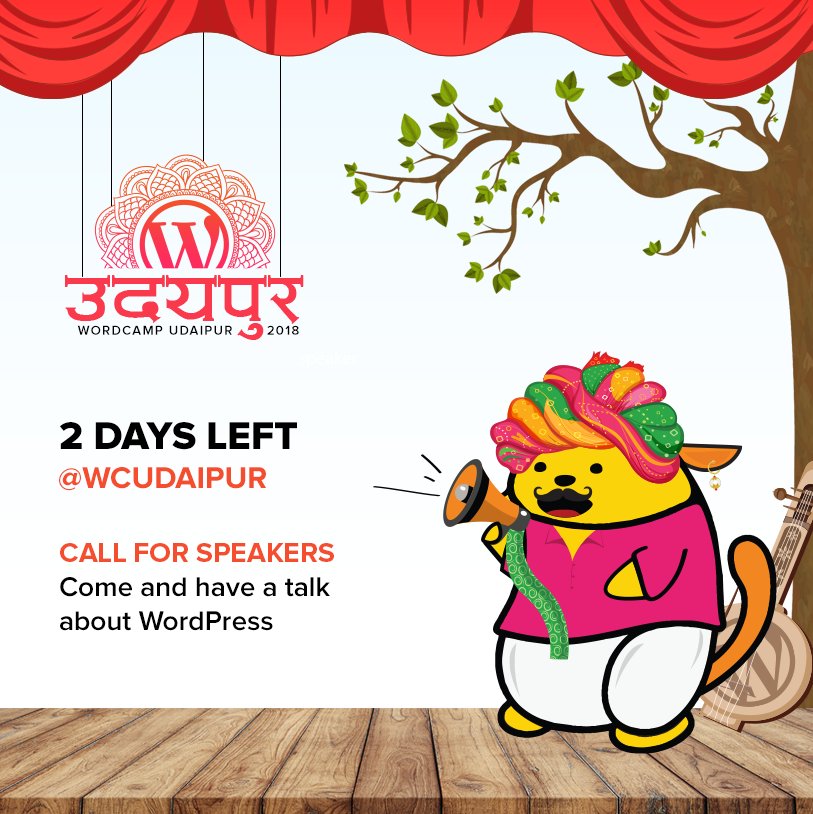 wcUdaipur's tweet photo. Hurry Up!
Get yourself registered as speaker. 
Only 2 days more to go😎
https://t.co/vzw8szzd61
#wcUdaipur #WordPress #India https://t.co/UnVfbMVoMj