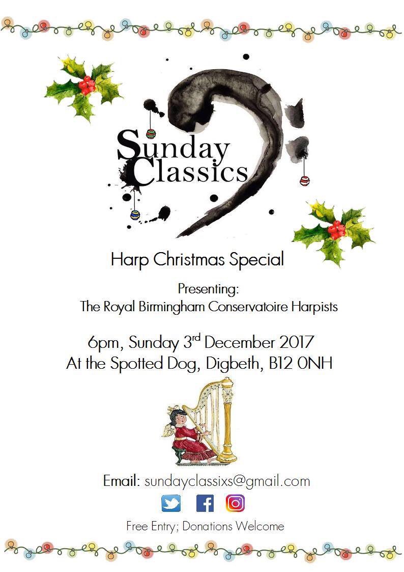 rbcharps's tweet photo. Our @BirmCons harp department are out in force on Sunday at #thespotteddog for Sunday Classics, 6-9pm v informal and cosy, music by Debussy, Bach, Handel, Bartok, Sakamoto, Britten, Coldplay, Beyoncé, Salzedo &amp; more! https://t.co/HGryIEmBOm
