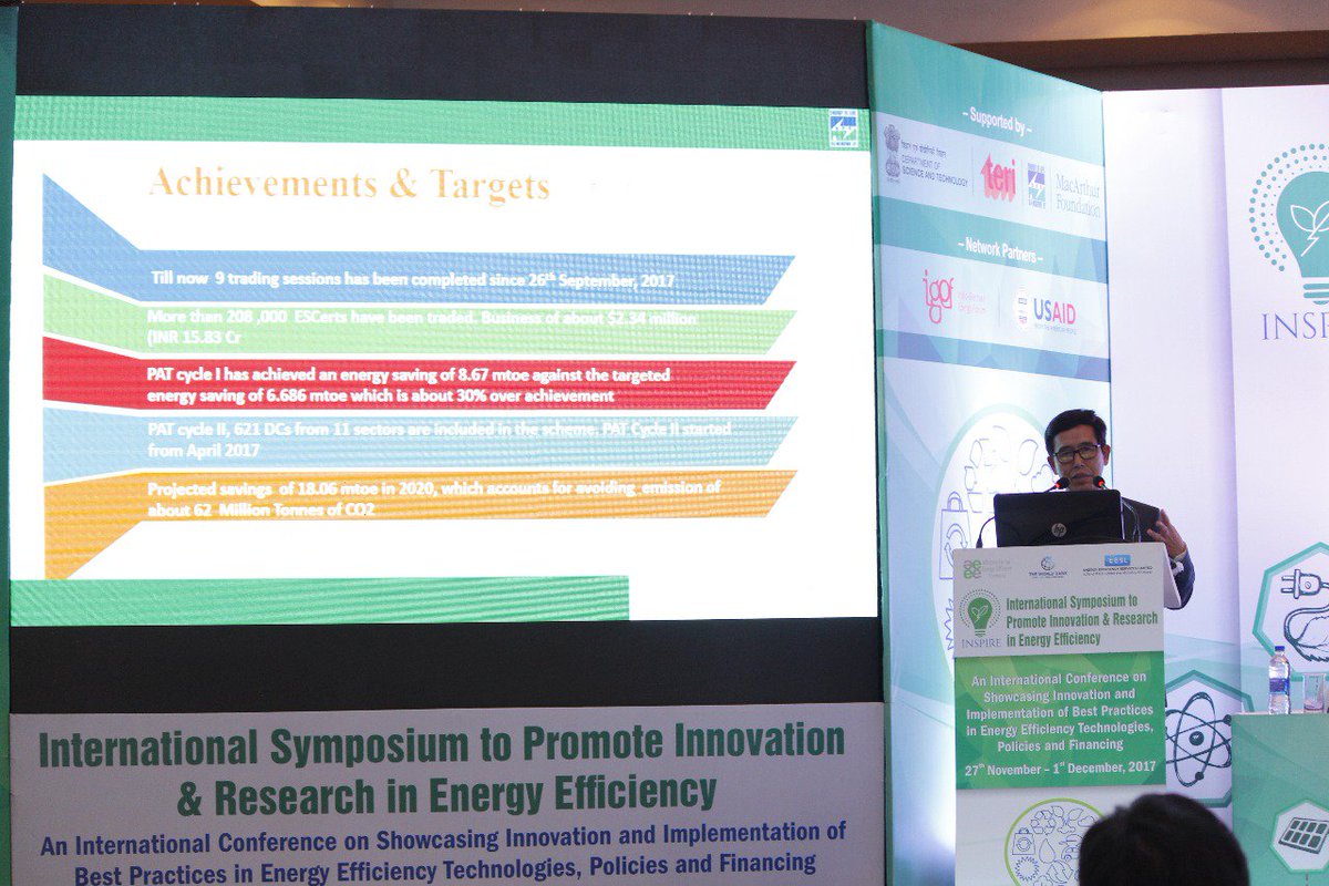 beeindiadigital's tweet photo. Dr Ashok Kumar, Director describing the #EnergyEfficiency and #ClimateAction achievements from #PAT scheme & #ESCert trading during an executive panel on market transformation at #INSPIRE2017. #Uniting4Climate https://t.co/trwsmQE5tK