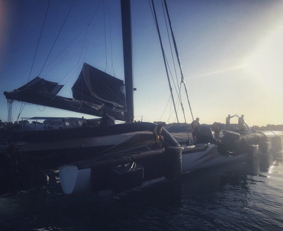 sailsofchange's tweet photo. While waiting for the best weather window for #JulesVerneTrophy, @YannGuichard and crew keep training. #Spindrift2 #Patience #RecordChaser https://t.co/OtJ4BbWQDM
