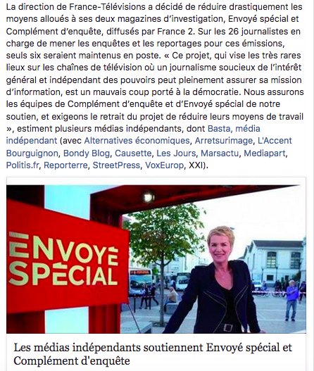 bastamedia_'s tweet image. Les médias indépendants soutiennent Envoyé spécial et Complément d’enquête bastamag.net/Les-medias-ind… @TPMonInfo