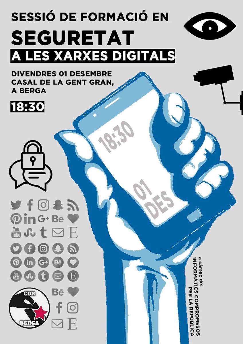 Aquest divendres, al casal de la gent gran de Berga, organitzem un taller de formació en seguretat a les xarxes digitals.
Organitzem-nos i formem-nos
Defensem la República