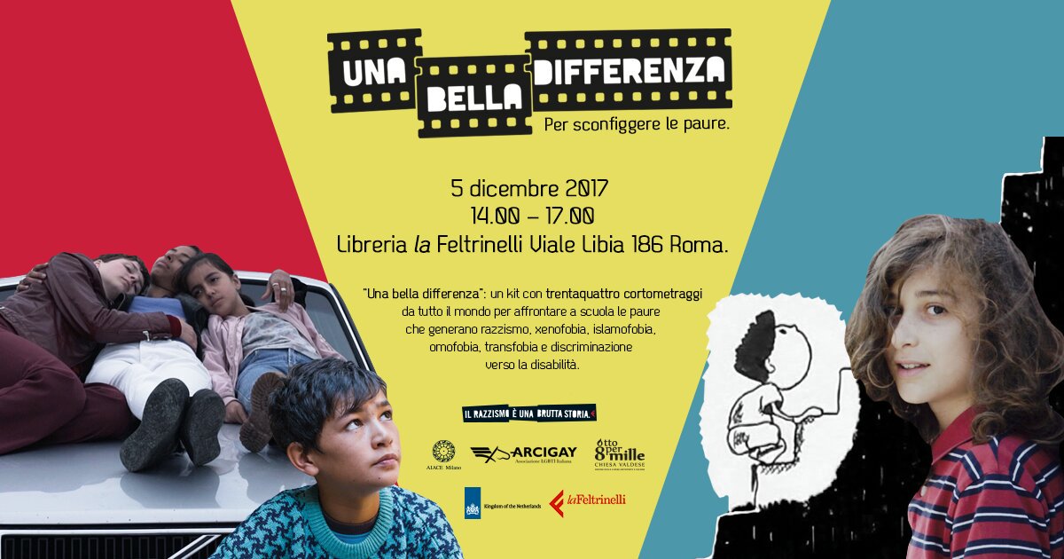 Tra 7 giorni il Kit Didattico #UnaBellaDifferenza con 34 cortometraggi per superare le paure arriva a #Roma!
Venite a prenderne una copia gratuita alla Feltrinelli di Viale Libia? Martedì 5 dicembre ore 14. prenota qui!
Bit.ly/UbdRegistrati
