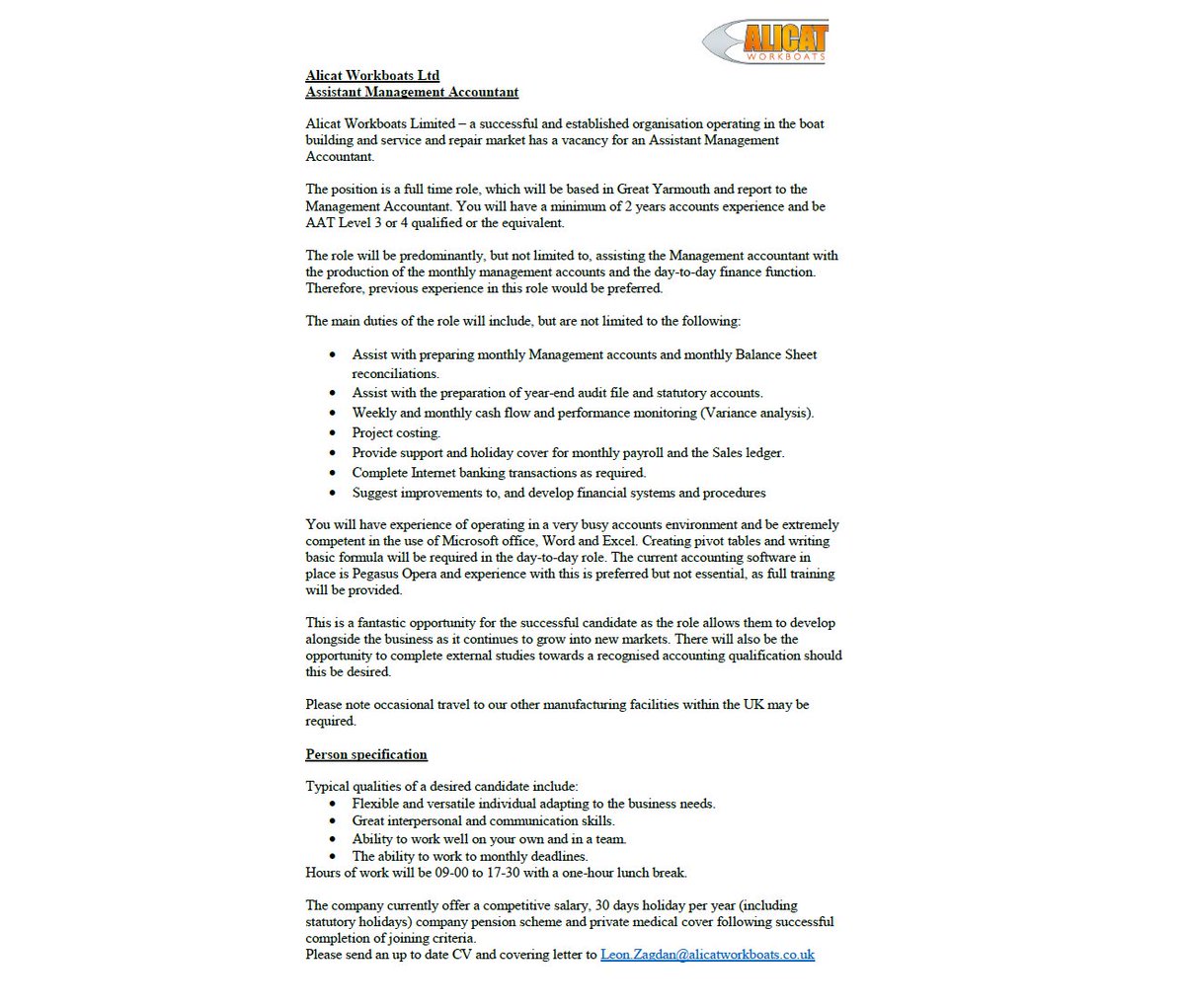 Would you like to join our team? We are looking for an Assistant Management Accountant
To work in our office in Great Yarmouth. Interested? Take a look at our job specification and get in touch! #Alicatworkboats #Jobadvertisement #Accountantvacancy
