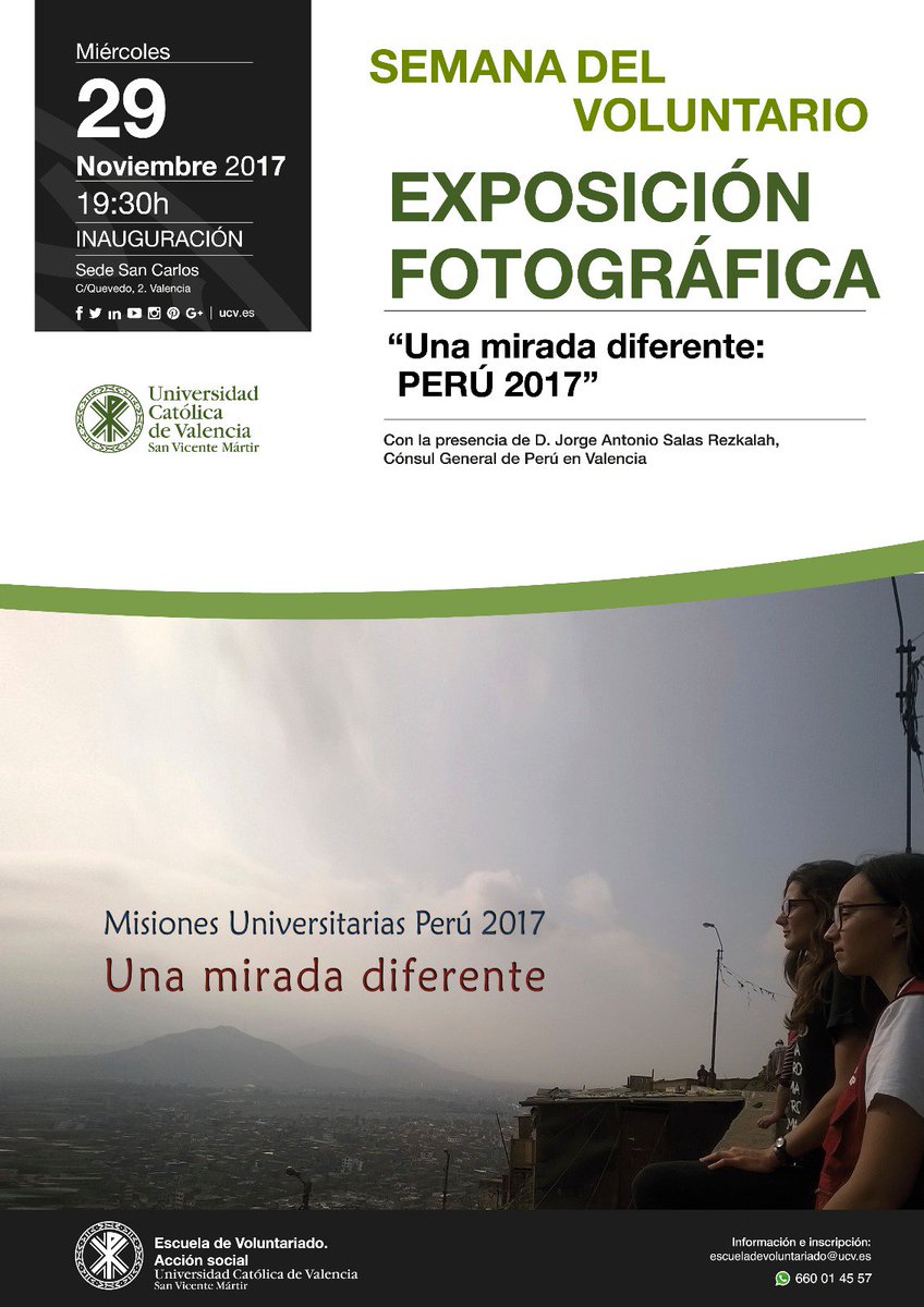 Mañana inauguramos la exposición fotográfica "Una mirada diferente-Perú 2017" que recoge la experiencia de nuestra misión en #Perú el pasado verano. En la sede San Carlos a las 19:30. OS ESPERAMOS A TODOS!! #CompromisoUCV #VoluntariosUCV #EdV