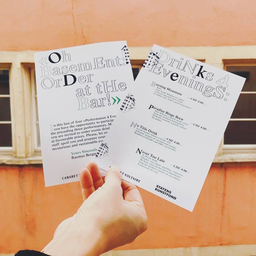 CabVoltaire1916's tweet photo. Tonight at 8pm: Performance 4 Evenings: “Oh Basement: Order at the Bar!”, by Rasmus Bergmann • Curated by Søren Berner • Design by @ivan_martinezl #funandfury #learntofuckyourself #performanceart #cabaretvoltaire https://t.co/WXI9il4ZGP