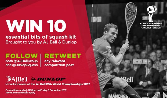 With 🔟 days to go until the AJ Bell <a href="/PSAWorldChamps/">PSA World Championships</a>, we have teamed up with one of the tournament’s official partners, <a href="/DunlopSquash/">Dunlop Squash</a> to bring you this giveaway! Simply … 👇

- FOLLOW both @AJBellGroup + <a href="/DunlopSquash/">Dunlop Squash</a> 
- RT this post

T&amp;Cs: goo.gl/Ad7LVC #Squash