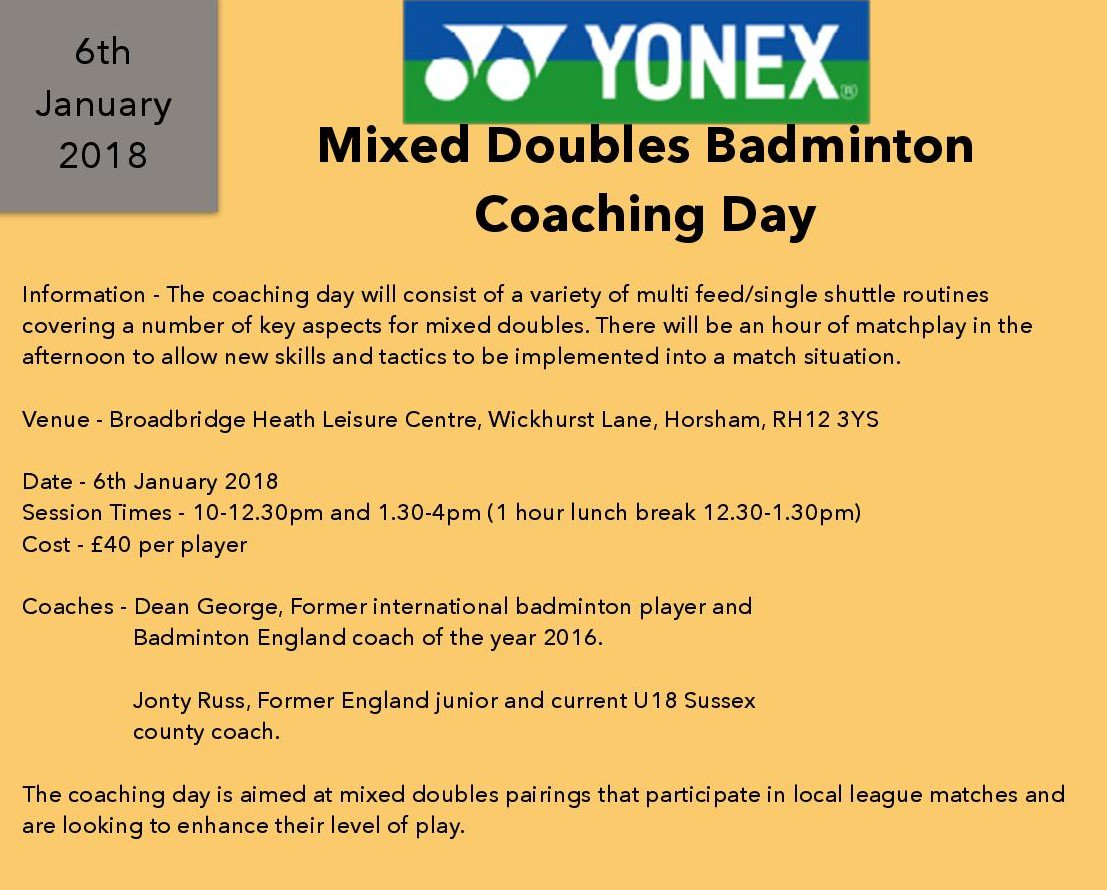 Book NOW: Mixed Doubles #Badminton Coaching Day with Dean George, Former international badminton player &amp; Badminton England coach of the year 2016. Plus Jonty Russ, Former England junior and current U18 Sussex county coach. Contact <a href="/deanogeorge1/">Dean George</a> @jonty_russ to book