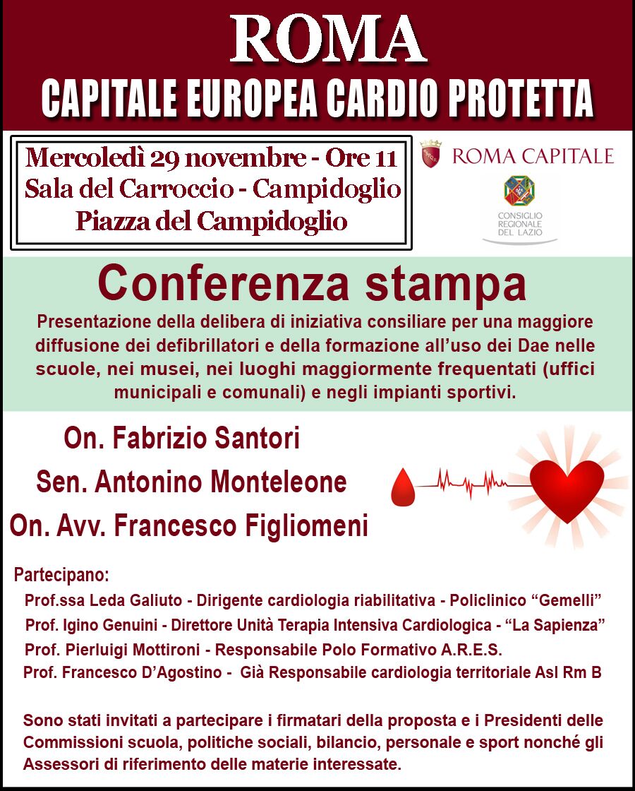 Domani alle 11 presso la sala del Carroccio in Campidoglio sarò presente alla conferenza stampa di presentazione del progetto Roma Capitale cardio-protetta. Un’opportunità per la nostra città di garantire una rete diffusa di defibrillatori su tutto il territorio. Parlerò…