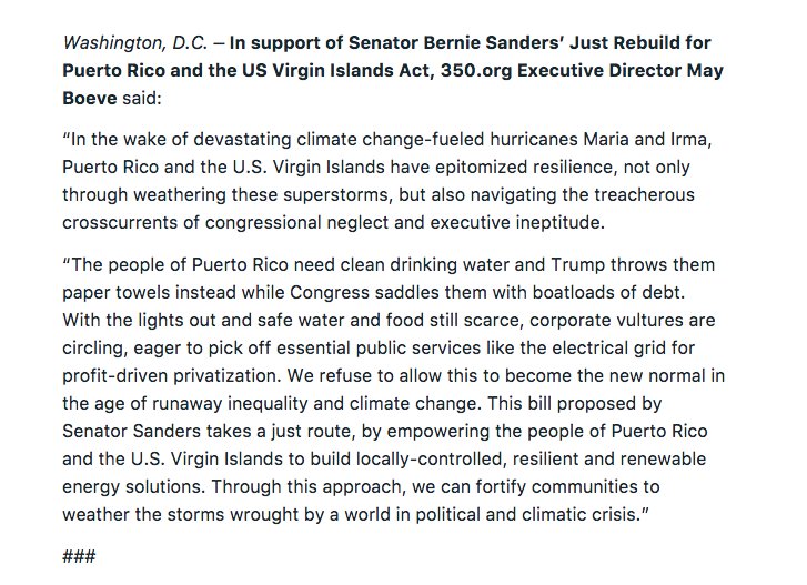 350's tweet image. "The people of Puerto Rico need clean drinking water and Trump throws them paper towels instead while Congress saddles them with boatloads of debt."

Our statement on @SenSanders' Puerto Rico and U.S. Virgin Islands Equitable Rebuild Act, introduced today: bit.ly/2zNgu9C