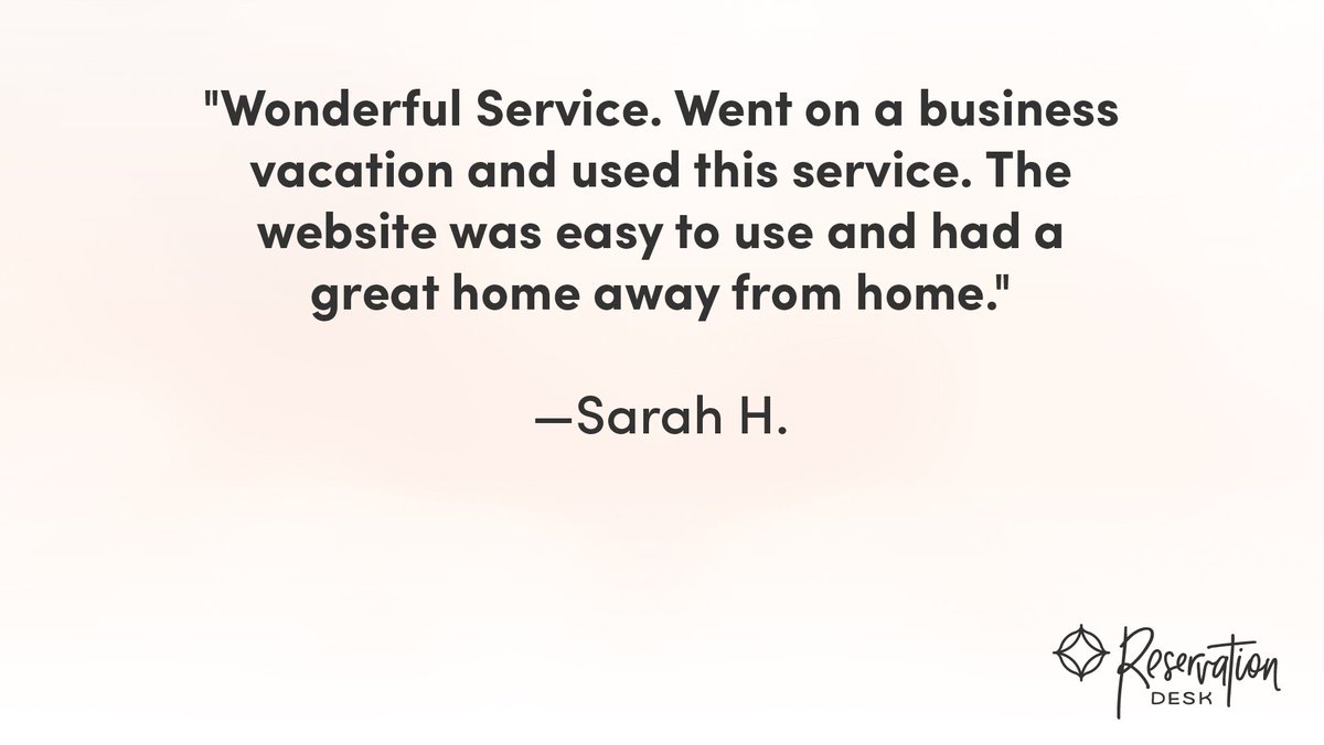 ResDeskcom's tweet image. "Wonderful Service. Went on a #business #vacation and used this service. The website was easy to use and had a great home away from home." —Sarah H. 

#CustomerReview #CustomerLove #Travel #Destination #Vacation #BookNow