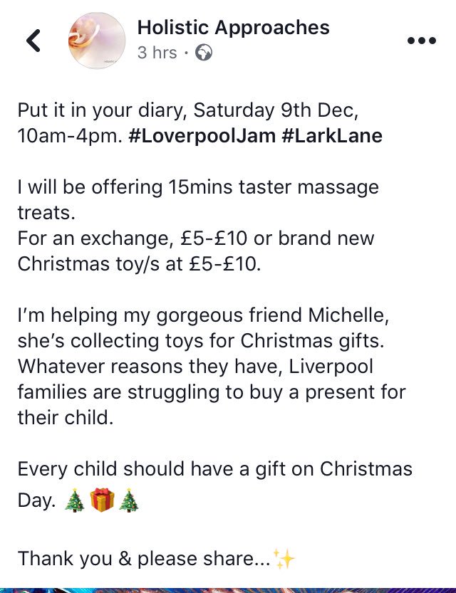 holistic_annie's tweet photo. Saturday 9th Dec, 10am-4pm
I’m offering 15mins taster treats
#LoverpoolJam #LarkLane #HolisticTherapies https://t.co/Yd5jVrRjUf