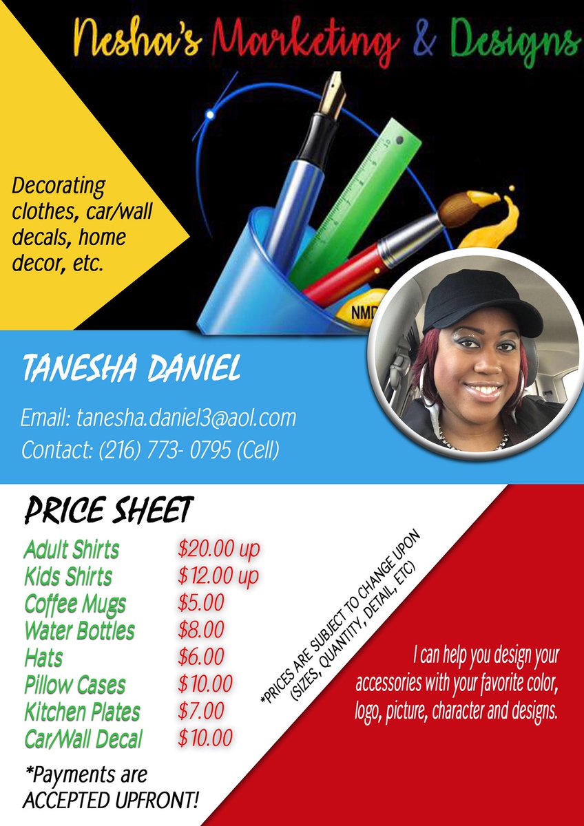 TaneshaReeseDa2's tweet photo. New Price Sheet made thanks to my girl Shay. She can help you design your business flyers, fix your computers, help create your webpage and much more..... https://t.co/ySW6OjBSih