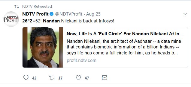 77This one is unique NOT because of the wrong mathematics (aisi galtiyan to hum se hoti rehti hain ), but for the fact that the tweet is still there as it was, un-amended, and more importantly, RT'ed by the  @ndtv handle as well!