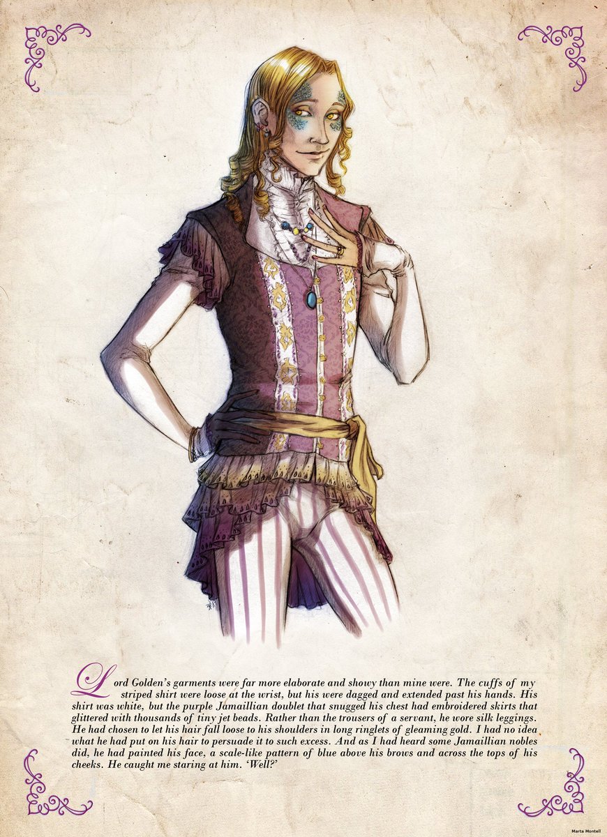 MartaMontell's tweet photo. Dibujo antiguo. Lo hice en mayo, pero al decepcionarme con la saga, lo aparqué. Hoy, he decidido terminarlo! La descripción es del libro, espero que os guste mi versión del traje♥#ElBufónDorado #RobinHobb #Lordgolden #Thefool #bufón #goldenfool https://t.co/wOKud404es