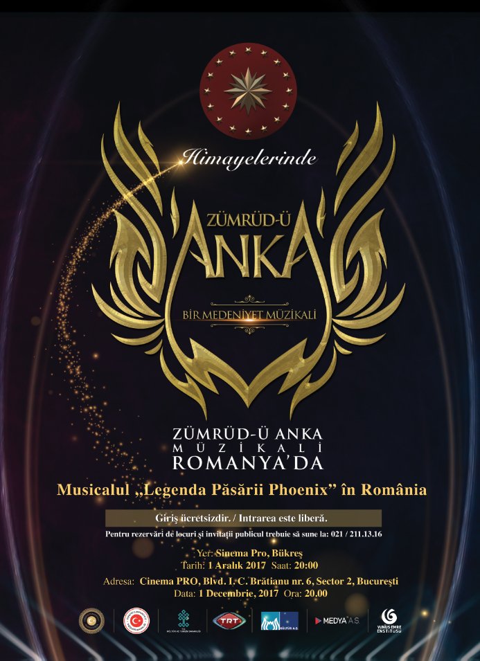 “Zümrüd-ü Anka Bir Medeniyet Müzikali”, 1 Aralık 2017 tarihinde saat 20.00’de Sinema Pro sahnesinde gerçekleştirilecektir. Rezervasyon için: 021 / 211.13.16 <a href="/bestepe/">TC Beştepe</a> @TREmbBucharest <a href="/yeeorgtr/">Yunus Emre Enstitüsü</a>
