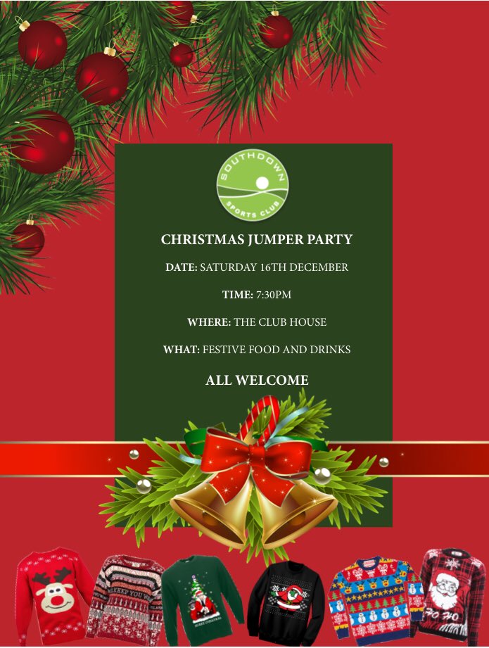 The Southdown Xmas Jumper Party. Sat 16th Dec from 7.30pm. Xmas Music &amp; Cheer. <a href="/LewesHockeyClub/">Lewes Hockey Club</a>