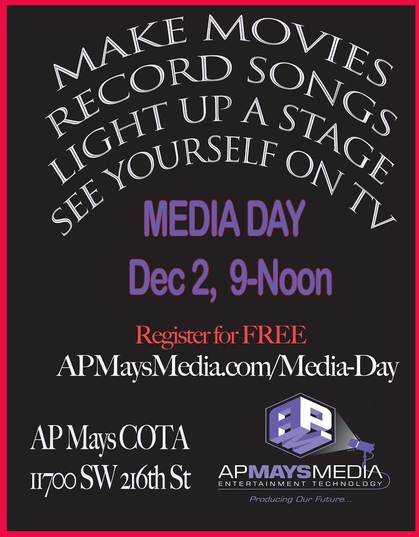 APMaysMedia's tweet photo. Are you interested in making movies🎬, recording songs? 🎼Well come to AP Mays Media Day🎥 to learn how you can Produce Your Future. You can register and find more information on our website 🖥⠀
#futurestars #futurefilmmakers #studentfilms #studentproductions #mdcps #miamifilms https://t.co/R3MqaKJ7T1