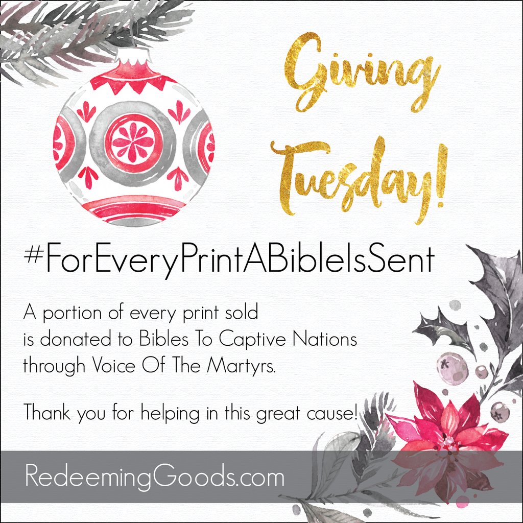RedeemingGoods's tweet photo. Every print purchased sends a Bible to a restricted nation!
#givingtuesday #foreveryprintabibleissent #redeeminggoods https://t.co/slhenpTDmQ