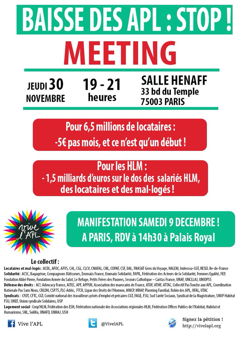 Le #meeting de <a href="/VivelAPL/">Vive l'APL</a> , c'est dans deux jours ! Pour plus d'infos, c'est par ici : facebook.com/events/4986501…