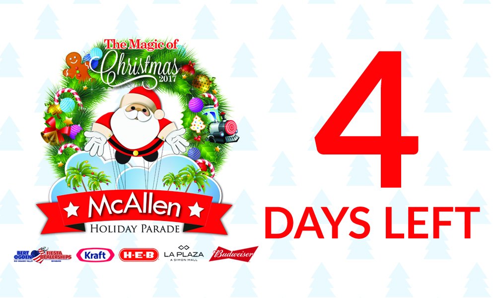 mcallenparade's tweet photo. Counting down to the Magic of Christmas! The @mcallenparade is Saturday, Dec 2 @ 6pm! Click https://t.co/fs9OeF6R9t for details! #ChristmasinMcAllen #MHP2017 #Linebarger #DonaTota #AEP #DaveBusters #CignaHealthspring #MeldenHunt #MedCare #HalffAssociates https://t.co/1Rl63Svosu