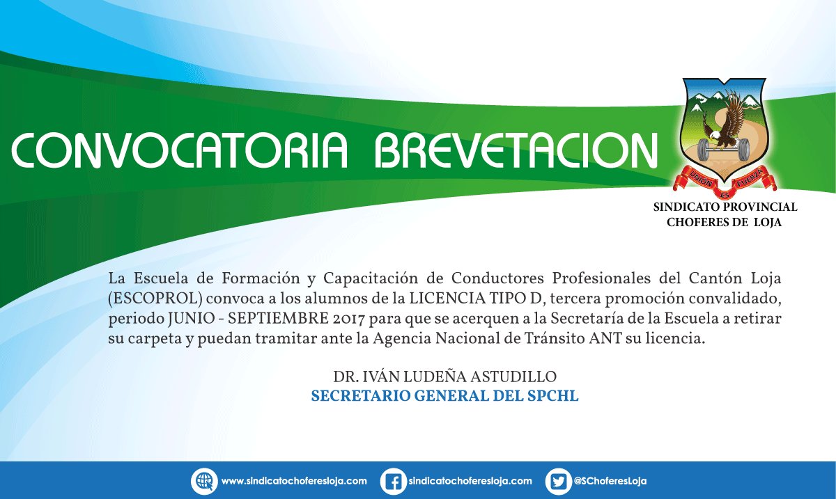 SChoferesLoja's tweet photo. Comunicamos a los estudiantes de la LICENCIA TIPO D, tercera promoción convalidado, periodo JUNIO - SEPTIEMBRE 2017 para que retiren su carpeta y puedan tramitar su licencia. https://t.co/aCIHZ86Own